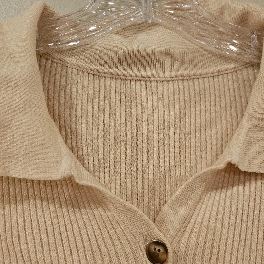 Beige Ribbed Button-Up Cardigan - Picture 2 of 5